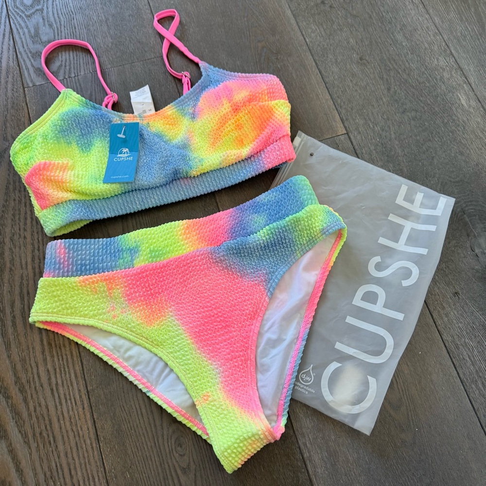 NWT Small Cupshe Sherbet Tie-dye Textured Scoop Neck Two Piece Bikini Swimsuit - Picture 12 of 14